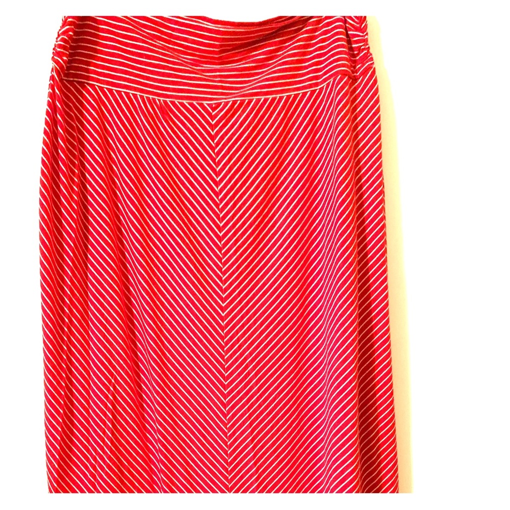 Red and white diagonal stripe maxi skirt